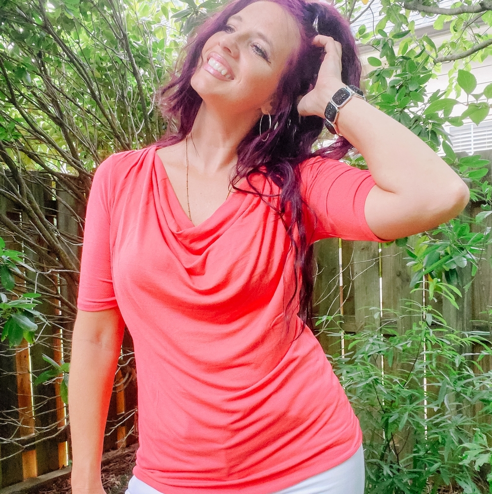 Neon red cowl neck top NWT